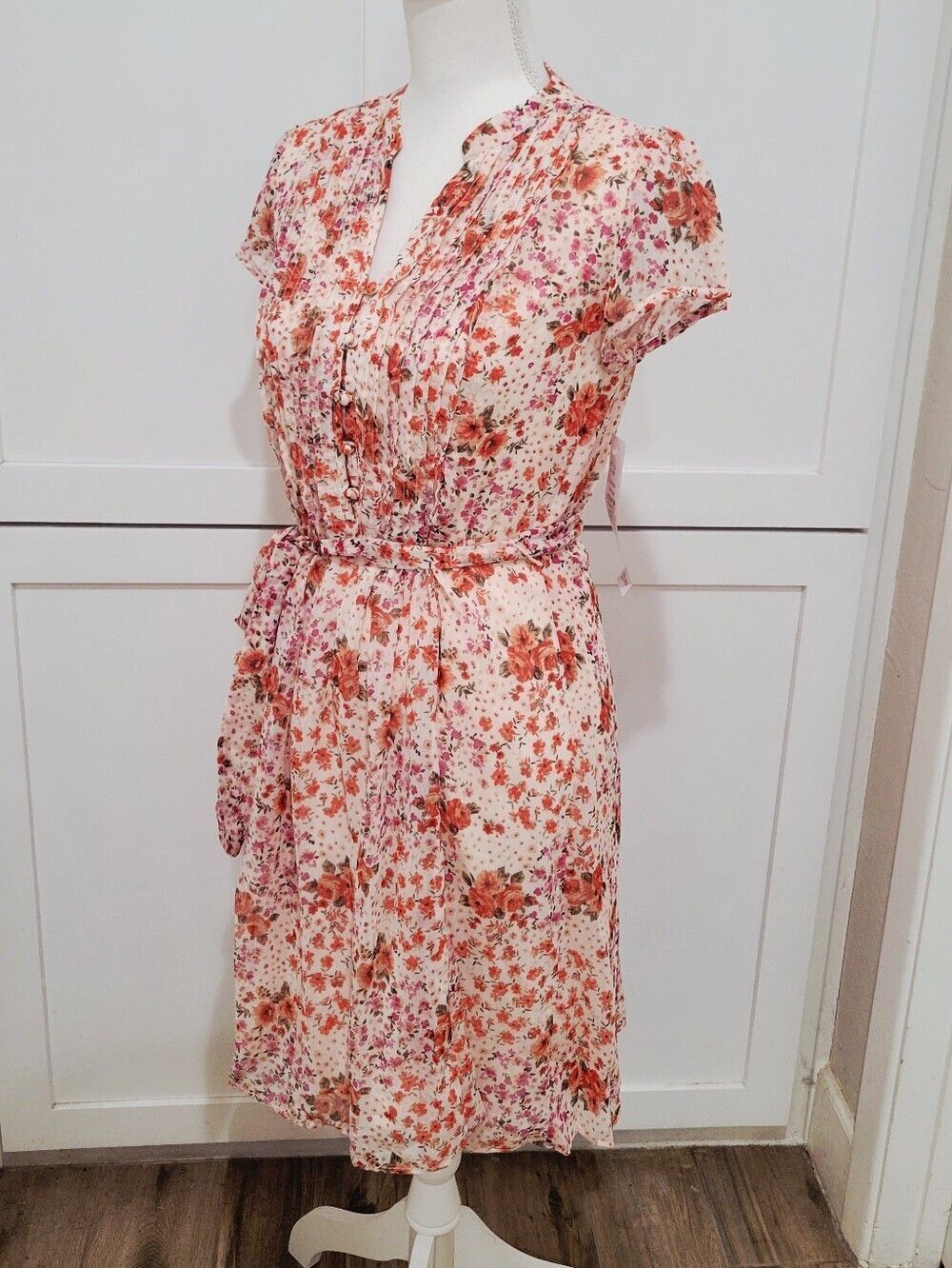 NWT MSK Floral Tie-Waist Cap Sleeve Dress - Pink/Peach | Size 4 - Picture 3 of 10